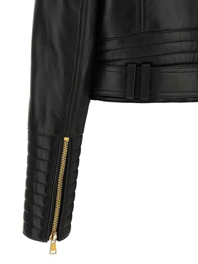 Balmain Cropped Leather Biker Jacket In Black