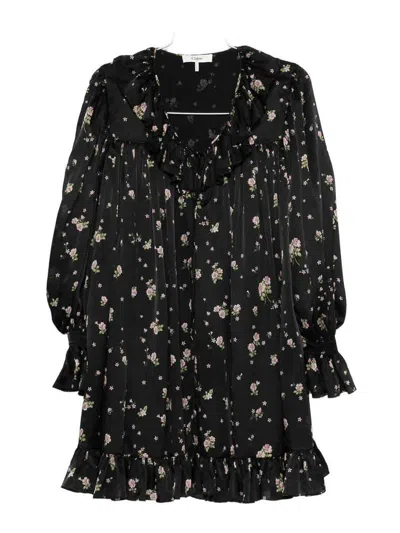 Chloé Gathered Long-sleeve Mini Dress In Silk Charmeuse In Black