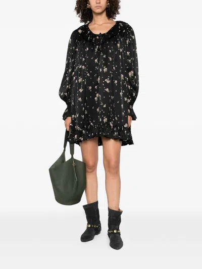 Chloé Gathered Long-sleeve Mini Dress In Silk Charmeuse In Black