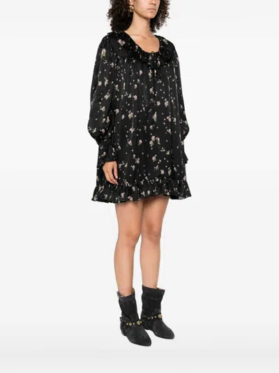 Chloé Gathered Long-sleeve Mini Dress In Silk Charmeuse In Black
