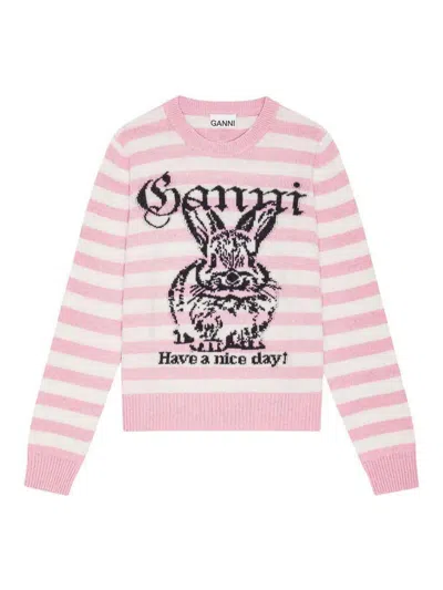 Ganni Striped Graphic Wool Mix Bunny Crewneck In Multi