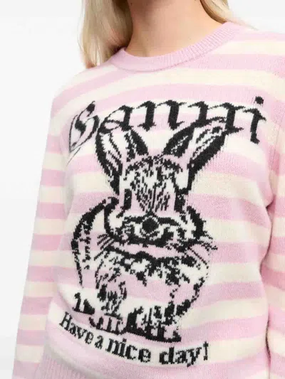 Ganni Striped Graphic Wool Mix Bunny Crewneck In Multi