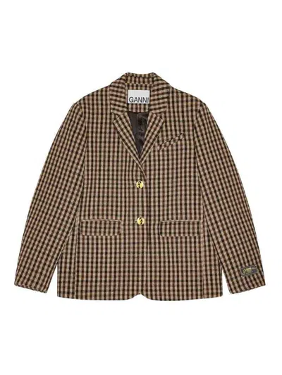Ganni Check Wool Blend Oversized Blazer With Notched Lapels In Brown