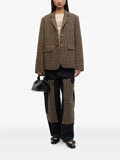 Ganni Check Wool Blend Oversized Blazer With Notched Lapels In Brown
