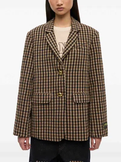 Ganni Check Wool Blend Oversized Blazer With Notched Lapels In Brown