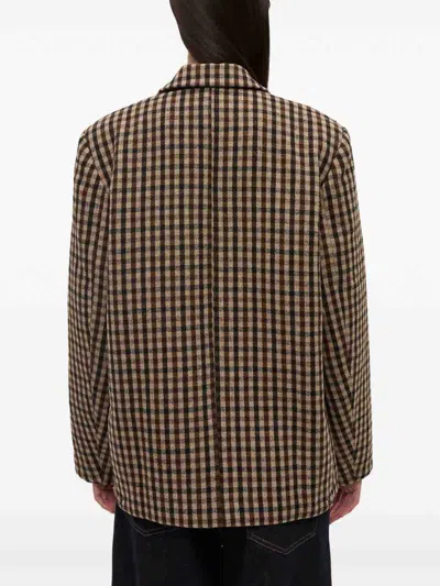 Ganni Check Wool Blend Oversized Blazer With Notched Lapels In Brown