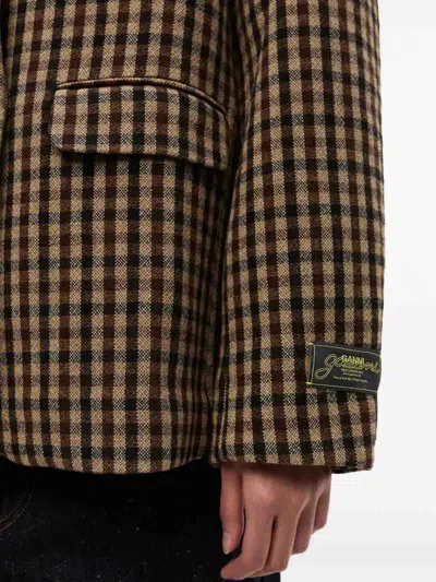Ganni Check Wool Blend Oversized Blazer With Notched Lapels In Brown