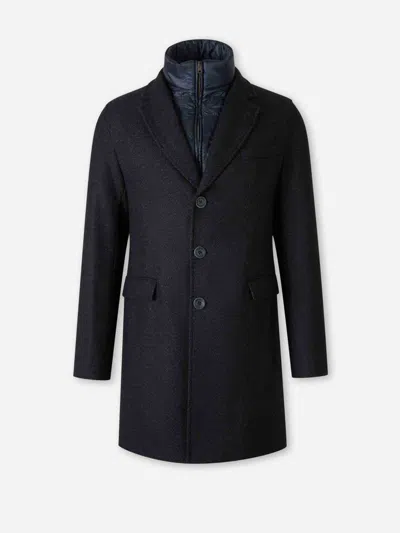 Herno Wool Blend Herringbone Topcoat With Removable Insulated Bib In Black