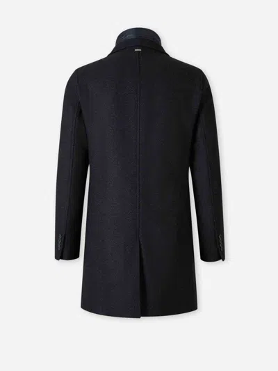 Herno Wool Blend Herringbone Topcoat With Removable Insulated Bib In Black