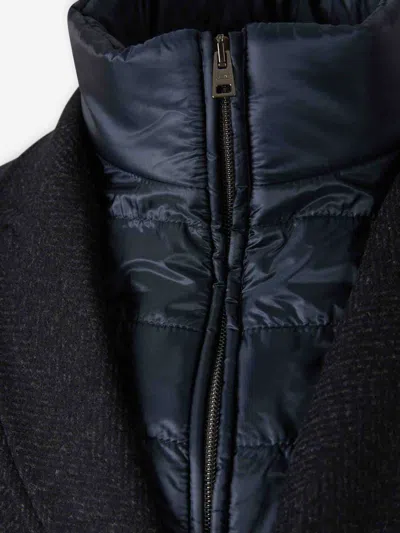 Herno Wool Blend Herringbone Topcoat With Removable Insulated Bib In Black
