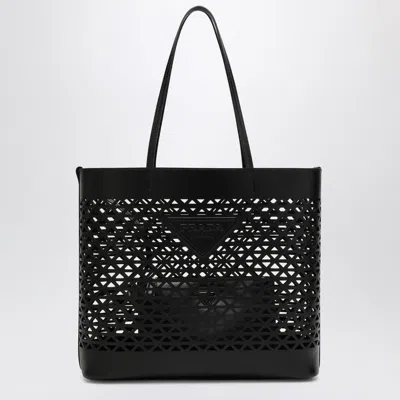 Prada Large Black Perforated Leather Shopping Bag Women In Black