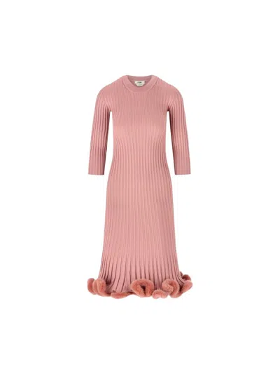 Fendi Stretch Wool Blend Dress With Ruffled Hem In Pink