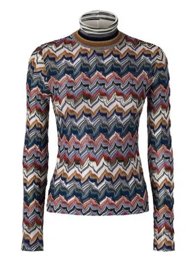 Missoni Chevron Pattern Turtleneck Fitted Sweater In Multi