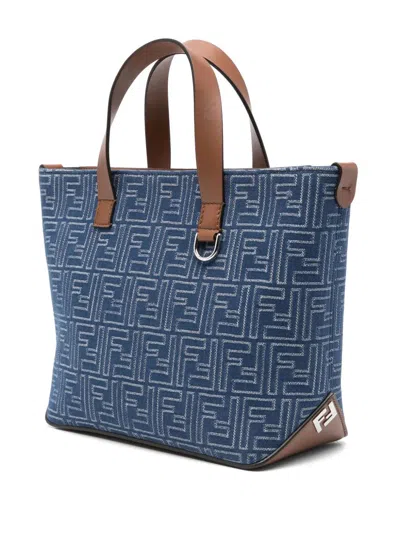 Fendi Denim Effect Ff Jacquard Small Shopping Bag In Blue