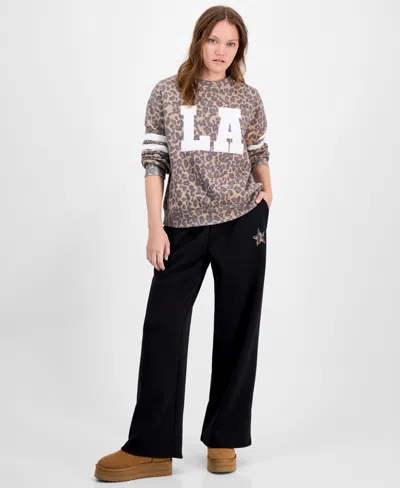 Madden Girl Juniors La Patch Leopard Print Sweatshirt Fleece Wide Leg Sweatpants In Multi