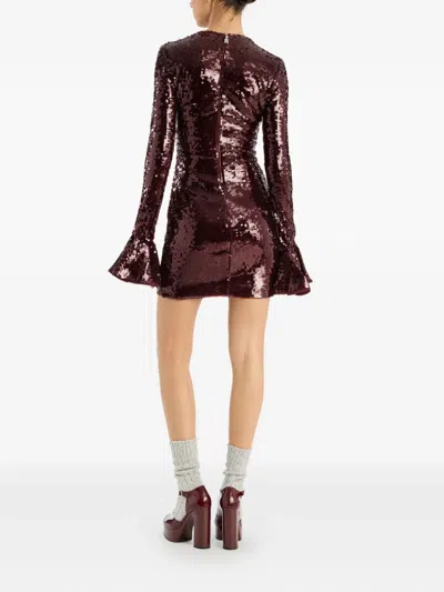 Rotate Birger Christensen Bordeaux Sequin Crewneck Mini Dress With Flared Sleeves In Tech Fabric Stretch Woman In Brown