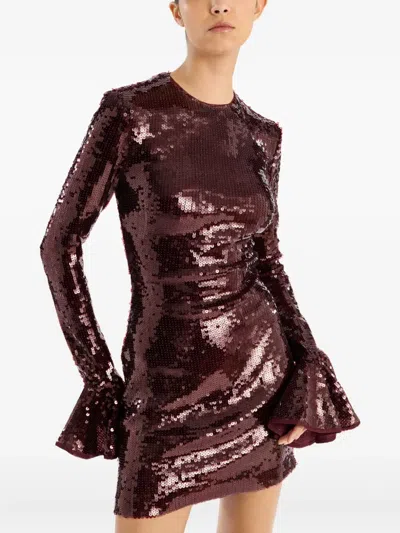 Rotate Birger Christensen Bordeaux Sequin Crewneck Mini Dress With Flared Sleeves In Tech Fabric Stretch Woman In Brown