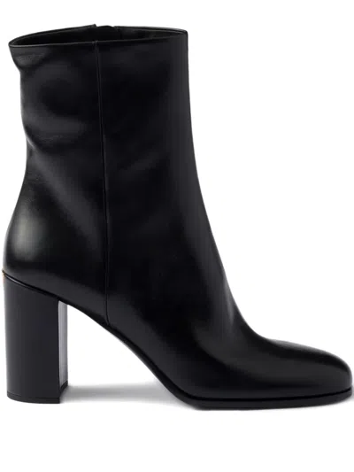 Prada Stylish Leather Ankle Boots With Block Heel In Black