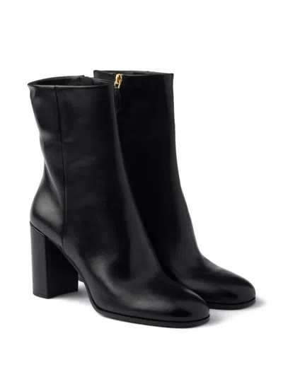 Prada Stylish Leather Ankle Boots With Block Heel In Black