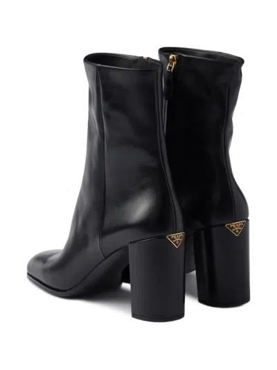 Prada Stylish Leather Ankle Boots With Block Heel In Black