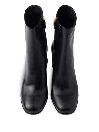 Prada Stylish Leather Ankle Boots With Block Heel In Black