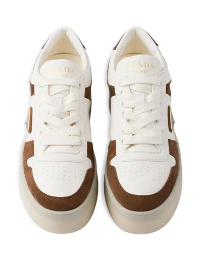 Prada Downtown Bold Nappa Leather And Suede Sneakers In Brown
