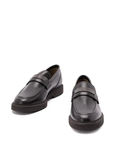 Brunello Cucinelli Black Loafers With Monil Detail On The Front In Smooth Leather Woman In Black
