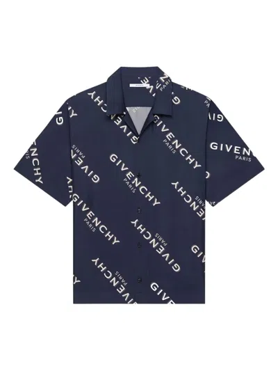 Givenchy Convertible-collar Logo-print Silk-twill Shirt In Blue