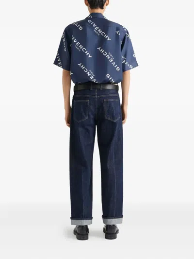 Givenchy Convertible-collar Logo-print Silk-twill Shirt In Blue