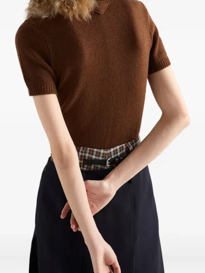 Prada Short Sleeve Cashmere Sweater In Brown