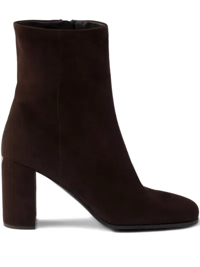Prada 85mm Suede Block-heel Boots In Brown