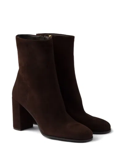 Prada 85mm Suede Block-heel Boots In Brown