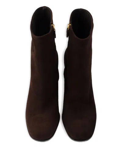 Prada 85mm Suede Block-heel Boots In Brown