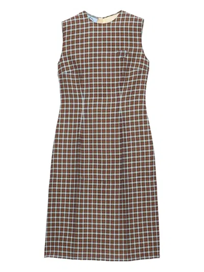 Prada Check Georgette Sleeveless Midi Dress In Brown