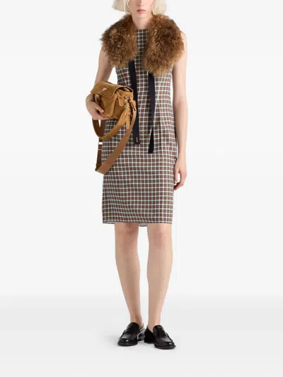 Prada Check Georgette Sleeveless Midi Dress In Brown