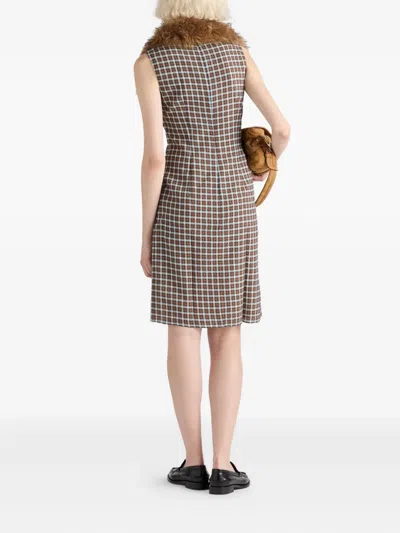 Prada Check Georgette Sleeveless Midi Dress In Brown