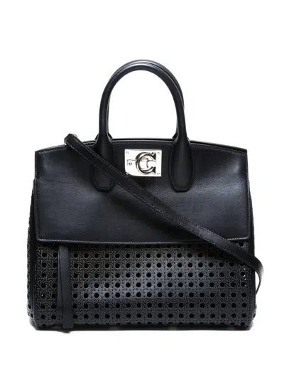 Pre-owned Ferragamo 2019-2025 Studio Perforated Top-handle Tote Bag In Black