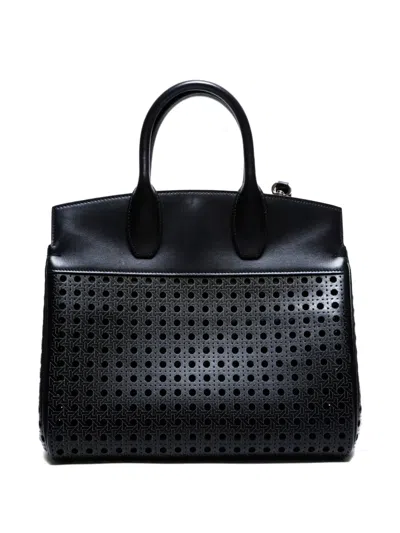 Pre-owned Ferragamo 2019-2025 Studio Perforated Top-handle Tote Bag In Black