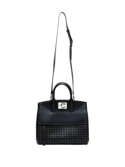Pre-owned Ferragamo 2019-2025 Studio Perforated Top-handle Tote Bag In Black