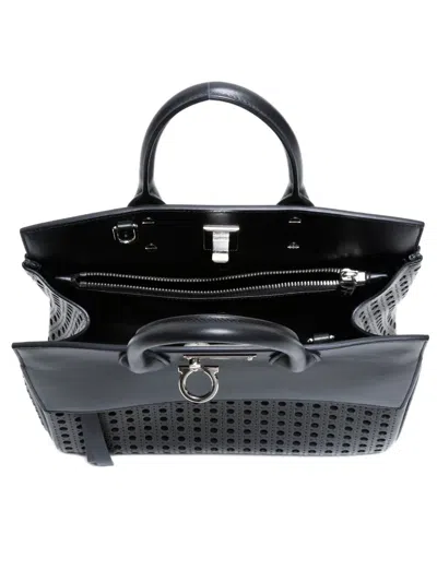 Pre-owned Ferragamo 2019-2025 Studio Perforated Top-handle Tote Bag In Black