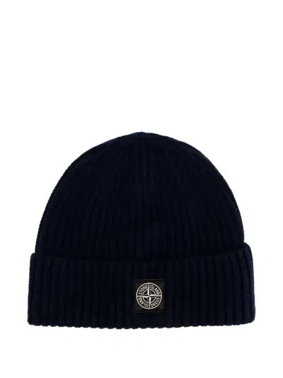 Stone Island Light Wool Knitted Beanie With Compass Patch Accessories In Black