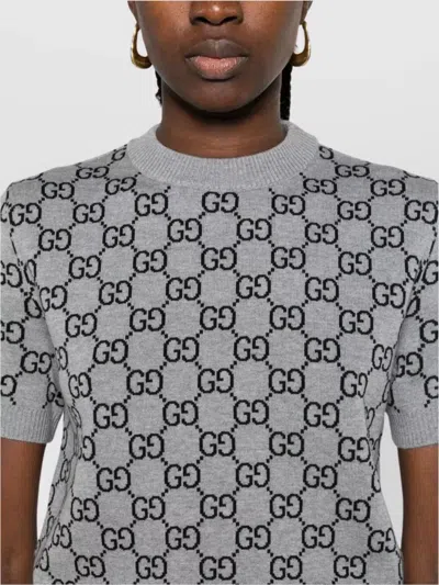 Gucci Grey Reversible Crewneck Sweater With Ribbed Trims In Gg Wool Jacquard Woman In Gray