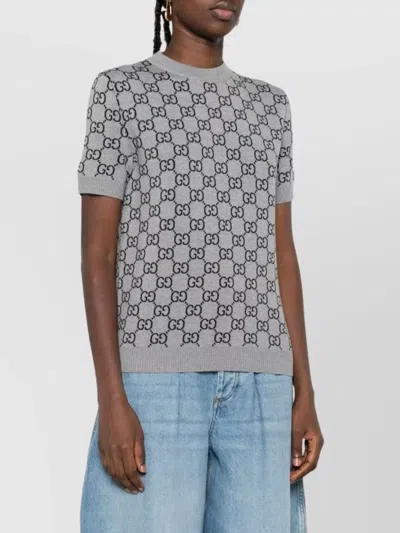 Gucci Grey Reversible Crewneck Sweater With Ribbed Trims In Gg Wool Jacquard Woman In Gray