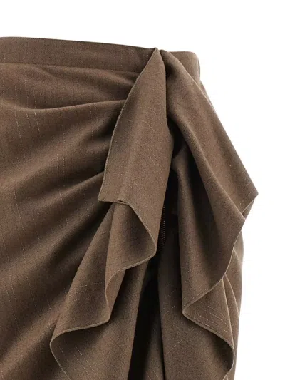 Fabiana Filippi Pinstriped Virgin Wool Midi Skirt With Draping In Brown
