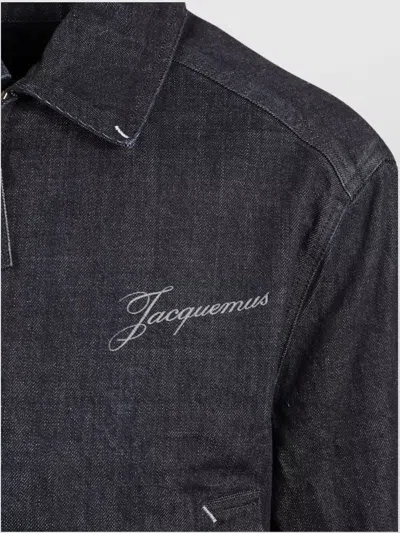Jacquemus Dark Indigo Denim Jacket With Front Zipper And Logo In Blue