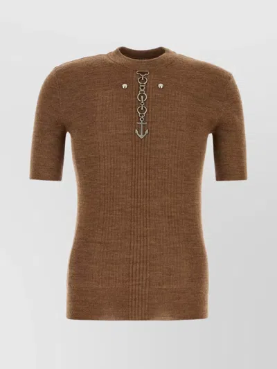 Prada Short Sleeve Wool Knit With Anchor Detail In Brown