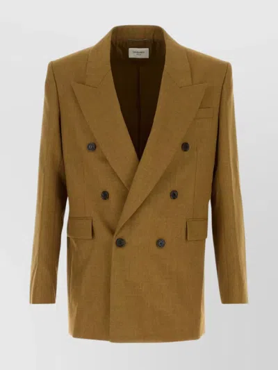 Saint Laurent Tailored Wool Blazer Featuring Peak Lapel In Brown