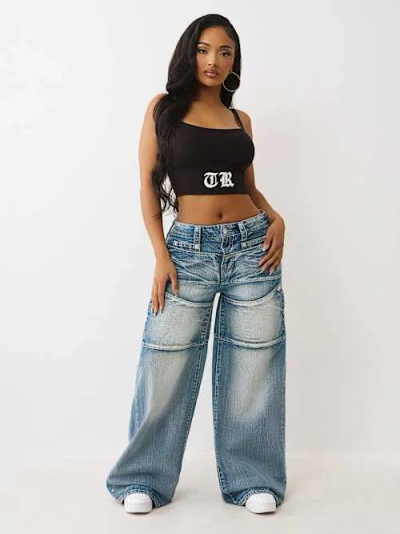 True Religion Women's Jessie Big T Snap Super Baggy Jean In Blue