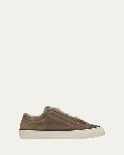 Brunello Cucinelli Monili Detail Shearling-lined Slip-on Sneakers In Brown