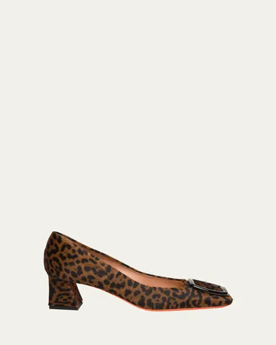 Santoni Leopard Block Heel Buckle Pumps In Animal Print